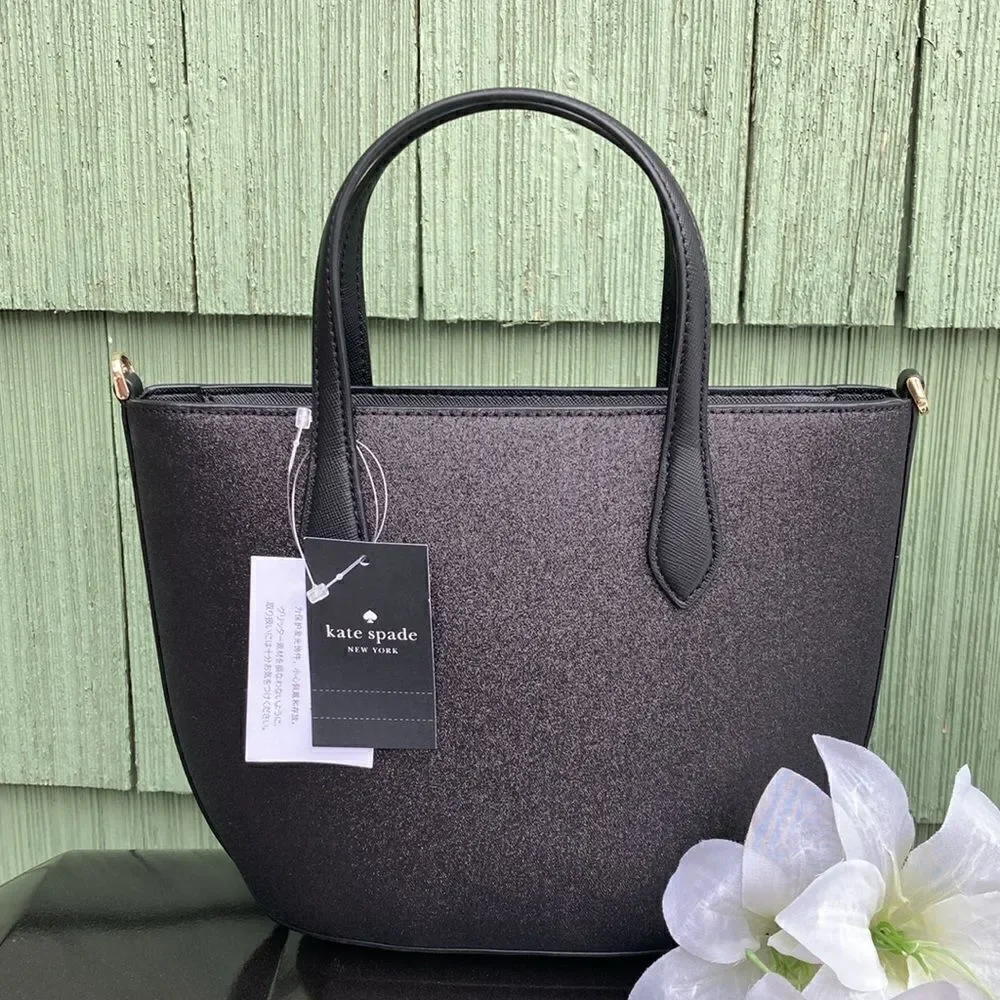 Kate Spade Purse Black Glimmer Glitter Satchel Crossbody Hand Bag